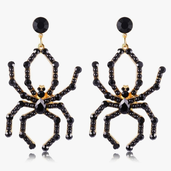 Black Rhinestone Spiders CZ Crystal Post Earrings Gothic Spider Rhinestones New - Picture 5 of 7